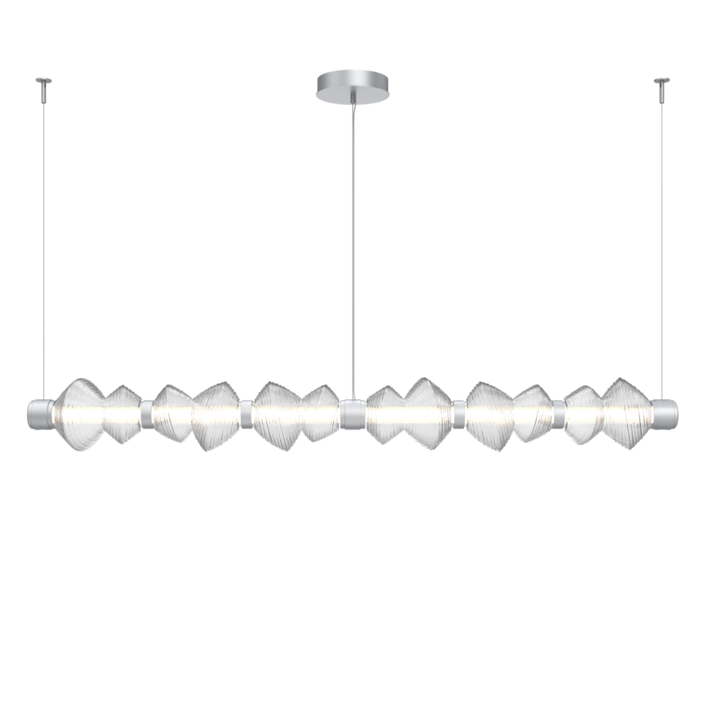 PLB0089-06-CS-C-Hammerton-Studio-Mesa-73-inch-mandrel-linear-chandelier-with-classic-silver-finish-and-clear-blown-glass-shades-and-LED-lamping