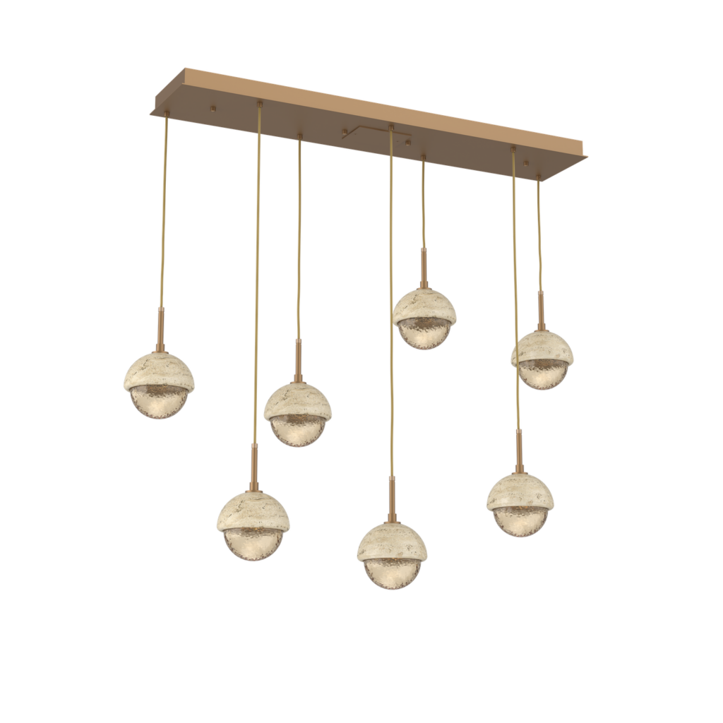 PLB0093-07-NB-A-TR-Hammerton-Studio-Cabochon-7-light-linear-multi-pendant-chandelier-novel-brass-finish-amber-blown-glass-shades-travertine-stone-accent-LED-lamping