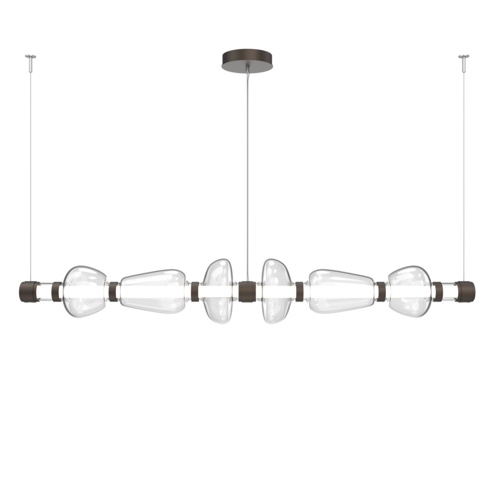 PLB0094-06-FB-C-Hammerton-Studio-Bolla-73-inch-mandrel-linear-chandelier-with-flat-bronze-finish-and-clear-blown-glass-shades-and-LED-lamping